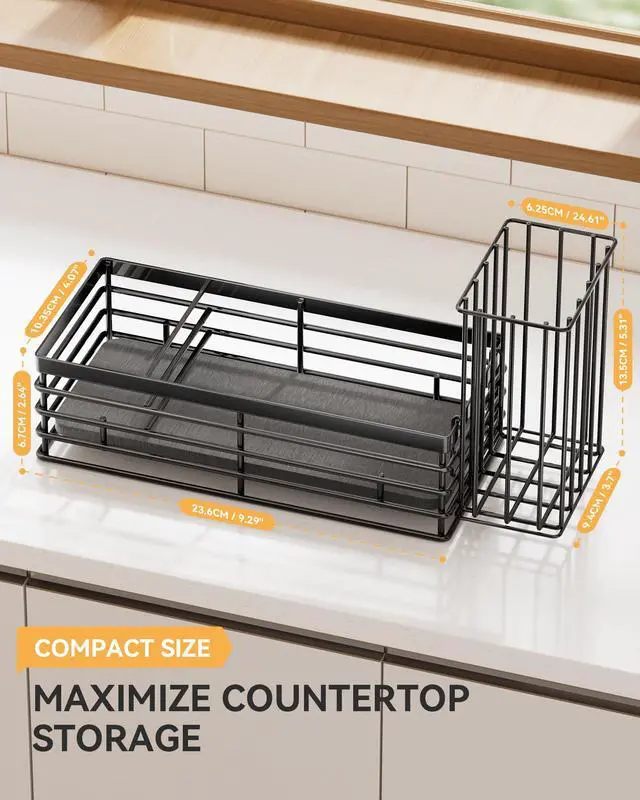 Alt view image 7 of 7 - Sponge Holder for Kitchen Sink, Sink Caddy Organizer with Stone Drying Mat, Kitchen Countertop Organizers and Storage Essentials, 304 Stainless Steel (Black, 9.29 L)