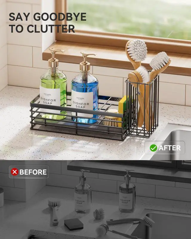 Alt view image 5 of 7 - Sponge Holder for Kitchen Sink, Sink Caddy Organizer with Stone Drying Mat, Kitchen Countertop Organizers and Storage Essentials, 304 Stainless Steel (Black, 9.29 L)