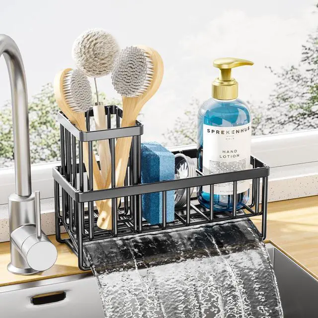 Main image of Sponge Holder for Kitchen Sink - Rustproof Stainless Steel Sink Caddy Organization and Storage Essentials with High Brush Holder, Home Decor Accessories, 7.9" x 3.7" x 6.2", Black