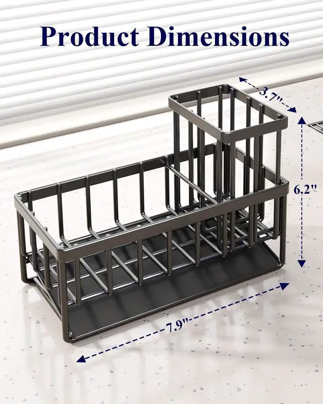 Alt view image 2 of 7 - Sponge Holder for Kitchen Sink - Rustproof Stainless Steel Sink Caddy Organization and Storage Essentials with High Brush Holder, Home Decor Accessories, 7.9" x 3.7" x 6.2", Black