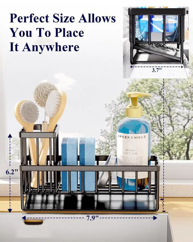 Alt view image 3 of 7 - Sponge Holder for Kitchen Sink - Rustproof Stainless Steel Sink Caddy Organization and Storage Essentials with High Brush Holder, Home Decor Accessories, 7.9" x 3.7" x 6.2", Black