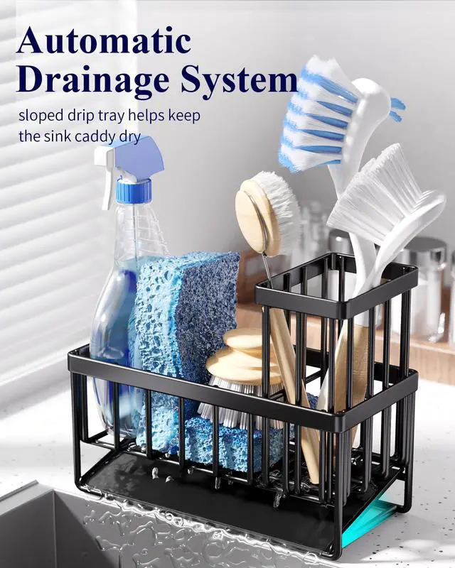 Alt view image 5 of 7 - Sponge Holder for Kitchen Sink - Rustproof Stainless Steel Sink Caddy Organization and Storage Essentials with High Brush Holder, Home Decor Accessories, 7.9" x 3.7" x 6.2", Black
