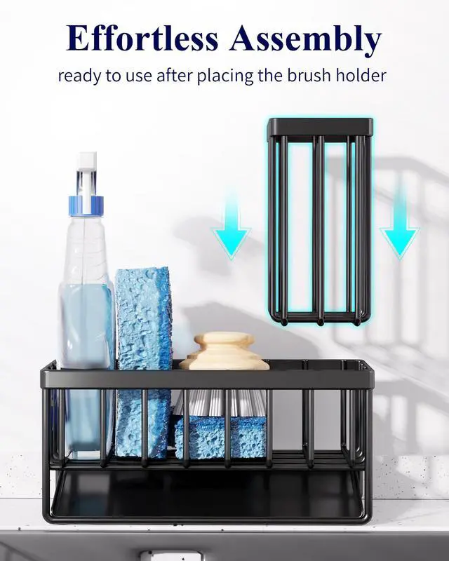 Alt view image 7 of 7 - Sponge Holder for Kitchen Sink - Rustproof Stainless Steel Sink Caddy Organization and Storage Essentials with High Brush Holder, Home Decor Accessories, 7.9" x 3.7" x 6.2", Black