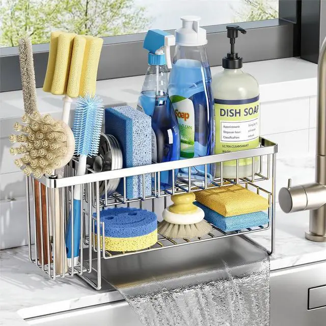 Main image of Silver 2-Tier Kitchen Sink Caddy Organzier Rack with Flexible Dish Brush Holder, Sponge Holder for Kitchen Sink Countertop Organization Storage,Home Decor Stainless Steel