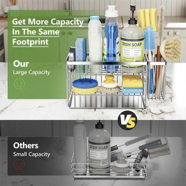 Alt view image 2 of 7 - Silver 2-Tier Kitchen Sink Caddy Organzier Rack with Flexible Dish Brush Holder, Sponge Holder for Kitchen Sink Countertop Organization Storage,Home Decor Stainless Steel