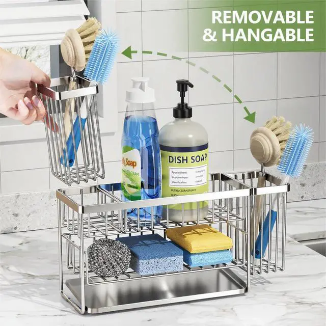 Alt view image 3 of 7 - Silver 2-Tier Kitchen Sink Caddy Organzier Rack with Flexible Dish Brush Holder, Sponge Holder for Kitchen Sink Countertop Organization Storage,Home Decor Stainless Steel