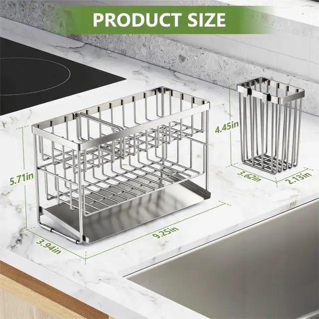 Alt view image 5 of 7 - Silver 2-Tier Kitchen Sink Caddy Organzier Rack with Flexible Dish Brush Holder, Sponge Holder for Kitchen Sink Countertop Organization Storage,Home Decor Stainless Steel