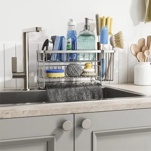 Alt view image 6 of 7 - Silver 2-Tier Kitchen Sink Caddy Organzier Rack with Flexible Dish Brush Holder, Sponge Holder for Kitchen Sink Countertop Organization Storage,Home Decor Stainless Steel