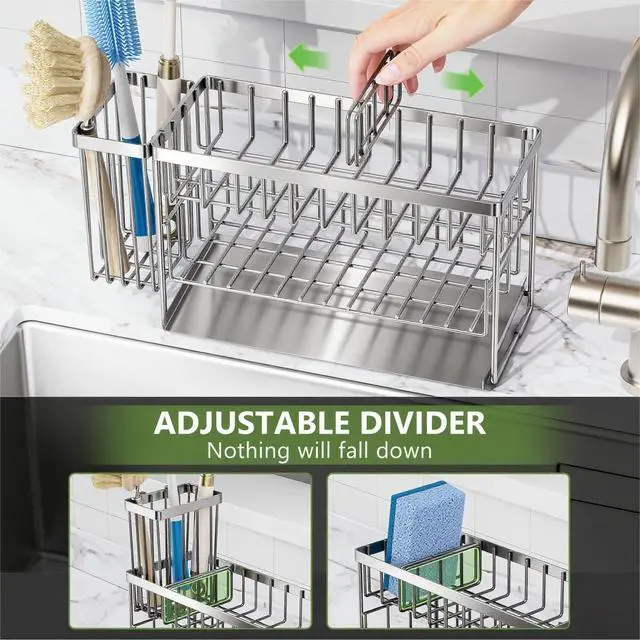 Alt view image 7 of 7 - Silver 2-Tier Kitchen Sink Caddy Organzier Rack with Flexible Dish Brush Holder, Sponge Holder for Kitchen Sink Countertop Organization Storage,Home Decor Stainless Steel