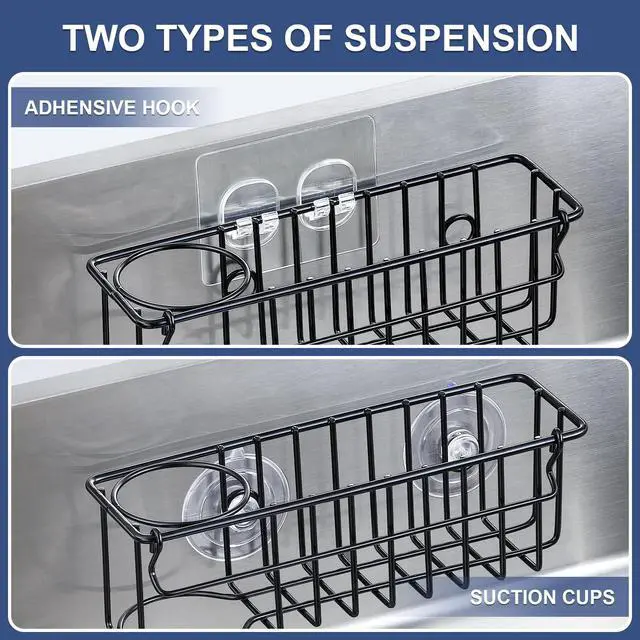 Alt view image 2 of 7 - 3-In-1 Sponge Holder for Kitchen Sink, 2 Type Suspension Options (Suction Cups & Adhesive Hook), Hanging Sink Caddy Organizer Rack - Sponge, Dish Cloth, Brush, Scrubber, 304 Stainless Steel - Black