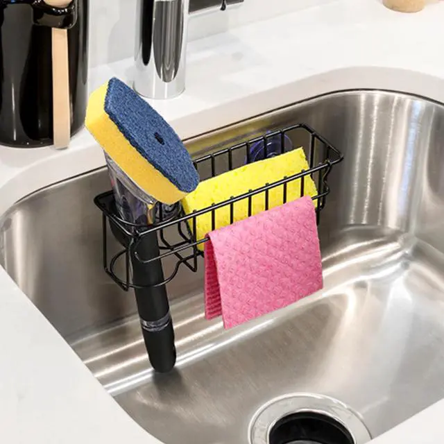 Alt view image 6 of 7 - 3-In-1 Sponge Holder for Kitchen Sink, 2 Type Suspension Options (Suction Cups & Adhesive Hook), Hanging Sink Caddy Organizer Rack - Sponge, Dish Cloth, Brush, Scrubber, 304 Stainless Steel - Black