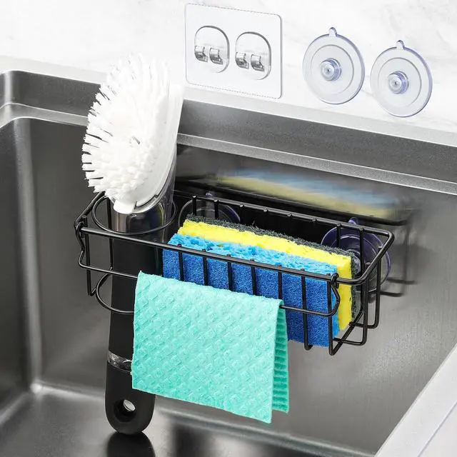 Main image of 3-In-1 Sponge Holder for Kitchen Sink, 2 Type Suspension Options (Suction Cups & Adhesive Hook), Hanging Sink Caddy Organizer Rack - Sponge, Dish Cloth, Brush, Scrubber, 304 Stainless Steel - Black