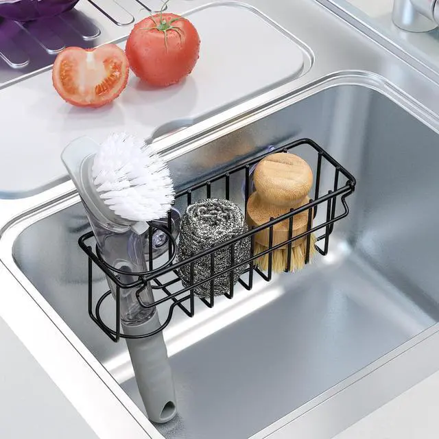 Alt view image 7 of 7 - 3-In-1 Sponge Holder for Kitchen Sink, 2 Type Suspension Options (Suction Cups & Adhesive Hook), Hanging Sink Caddy Organizer Rack - Sponge, Dish Cloth, Brush, Scrubber, 304 Stainless Steel - Black