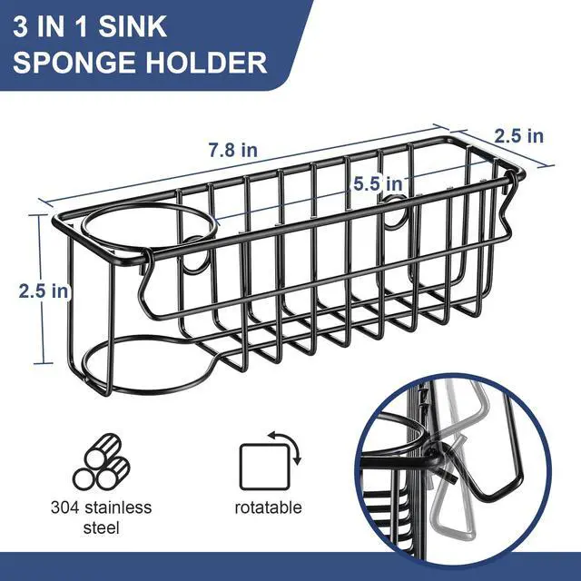Alt view image 3 of 7 - 3-In-1 Sponge Holder for Kitchen Sink, 2 Type Suspension Options (Suction Cups & Adhesive Hook), Hanging Sink Caddy Organizer Rack - Sponge, Dish Cloth, Brush, Scrubber, 304 Stainless Steel - Black