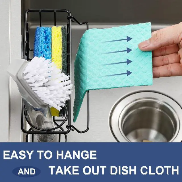 Alt view image 4 of 7 - 3-In-1 Sponge Holder for Kitchen Sink, 2 Type Suspension Options (Suction Cups & Adhesive Hook), Hanging Sink Caddy Organizer Rack - Sponge, Dish Cloth, Brush, Scrubber, 304 Stainless Steel - Black