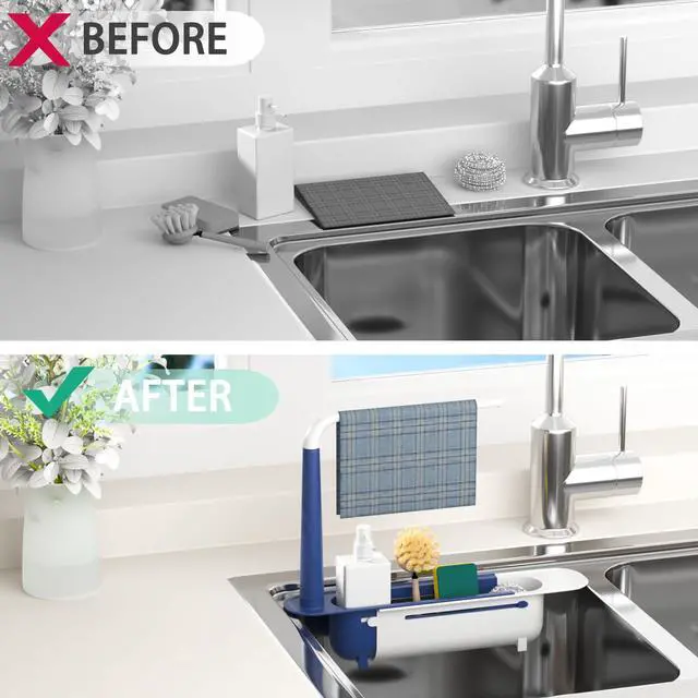 Alt view image 3 of 6 - Telescopic Sink Storage Rack with 2 Sponge - Sink Caddy Sponge Holder for kitchen sink(Blue)