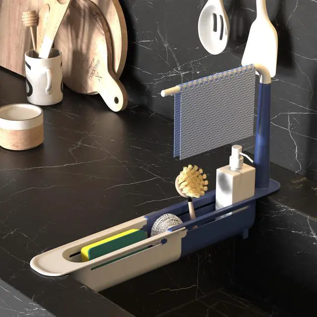 Alt view image 5 of 6 - Telescopic Sink Storage Rack with 2 Sponge - Sink Caddy Sponge Holder for kitchen sink(Blue)