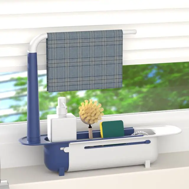 Alt view image 6 of 6 - Telescopic Sink Storage Rack with 2 Sponge - Sink Caddy Sponge Holder for kitchen sink(Blue)