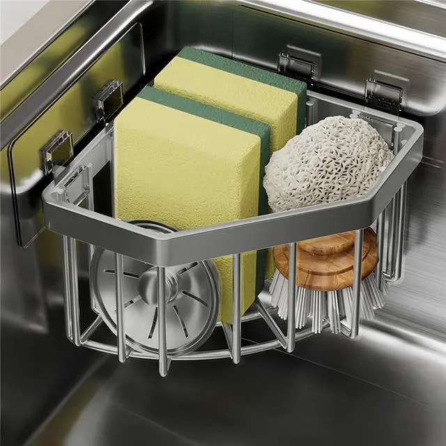 Main image of Wall Mounted Sink Caddy Organizer, Carbon Steel Kitchen Sponge Holder with 2 Adhesive Hooks, Triangular Drain Rack, 5.27x5.27x3.54 Inch (Grey)