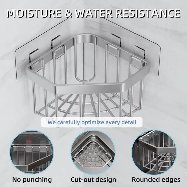 Alt view image 7 of 7 - Wall Mounted Sink Caddy Organizer, Carbon Steel Kitchen Sponge Holder with 2 Adhesive Hooks, Triangular Drain Rack, 5.27x5.27x3.54 Inch (Grey)