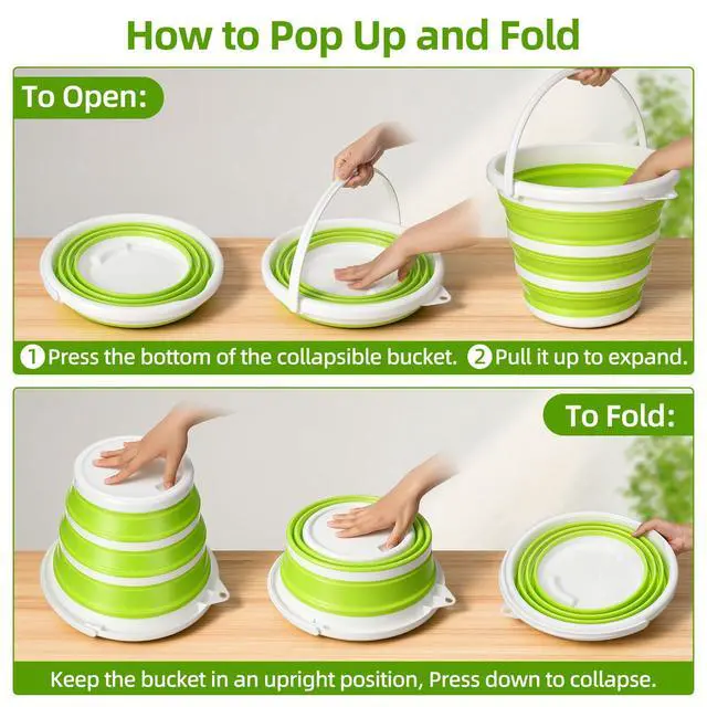 Alt view image 2 of 7 - Collapsible Bucket with Handle, Space Saving Silicone Mop Bucket, Portable Foldable Cleaning Bucket for Home, Camping, Car Wash, Laundry, Kitchen & Outdoor Use (Green)