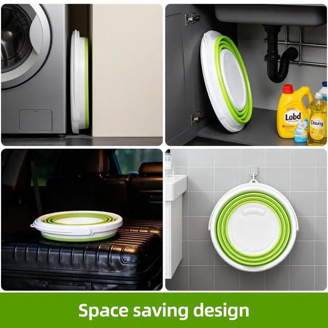 Alt view image 5 of 7 - Collapsible Bucket with Handle, Space Saving Silicone Mop Bucket, Portable Foldable Cleaning Bucket for Home, Camping, Car Wash, Laundry, Kitchen & Outdoor Use (Green)