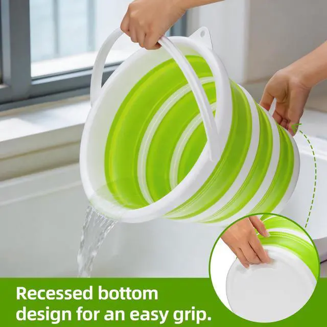 Alt view image 7 of 7 - Collapsible Bucket with Handle, Space Saving Silicone Mop Bucket, Portable Foldable Cleaning Bucket for Home, Camping, Car Wash, Laundry, Kitchen & Outdoor Use (Green)