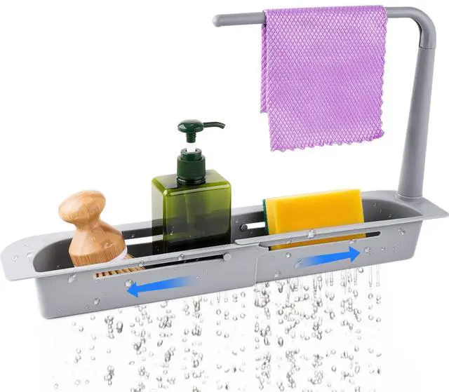 Main image of Telescopic Kitchen Over Sink Organizer with Towel Hanger, Expandable Slim Drain Basket Multifunctional Caddy Adjustable Length Colander Rack Sponge Holder Storage Tray for Home Bathroom (Grey)