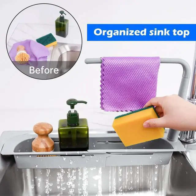 Alt view image 2 of 7 - Telescopic Kitchen Over Sink Organizer with Towel Hanger, Expandable Slim Drain Basket Multifunctional Caddy Adjustable Length Colander Rack Sponge Holder Storage Tray for Home Bathroom (Grey)