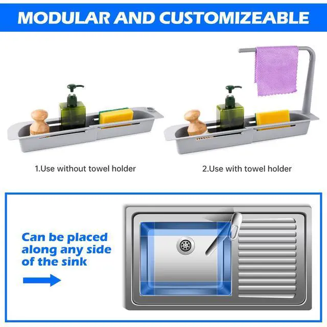 Alt view image 5 of 7 - Telescopic Kitchen Over Sink Organizer with Towel Hanger, Expandable Slim Drain Basket Multifunctional Caddy Adjustable Length Colander Rack Sponge Holder Storage Tray for Home Bathroom (Grey)