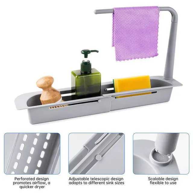 Alt view image 6 of 7 - Telescopic Kitchen Over Sink Organizer with Towel Hanger, Expandable Slim Drain Basket Multifunctional Caddy Adjustable Length Colander Rack Sponge Holder Storage Tray for Home Bathroom (Grey)