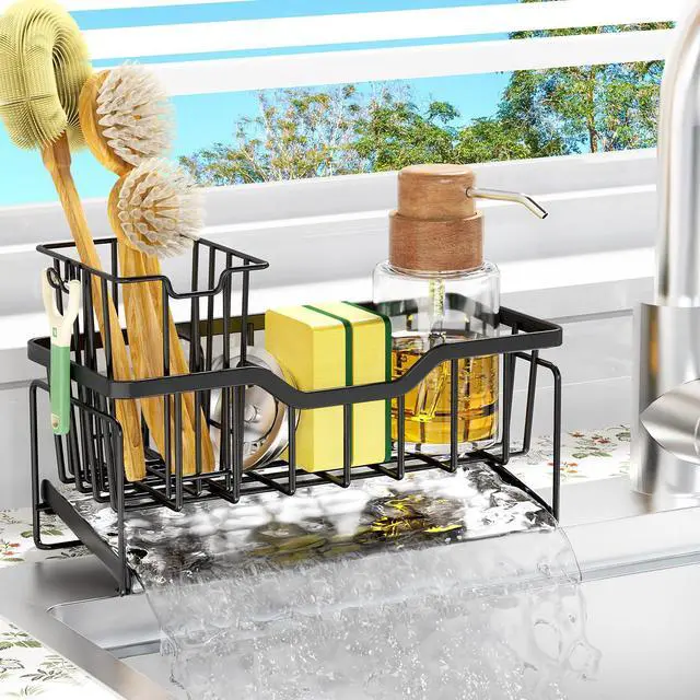 Main image of Kitchen Sink Caddy Organizer, Rustproof Sponge Holder for Kitchen Sink, Instant Dry High Brush Holders with Drain Tray, Anti-Slip Storage Organization Essentials, Black