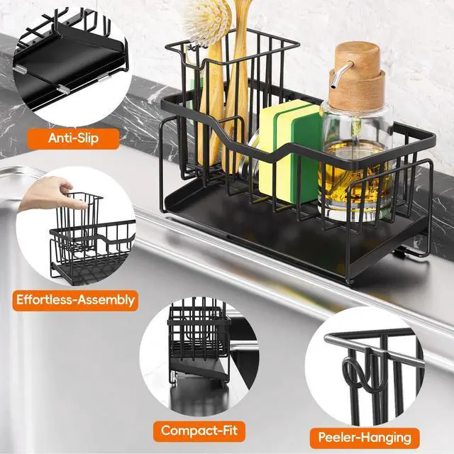 Alt view image 2 of 7 - Kitchen Sink Caddy Organizer, Rustproof Sponge Holder for Kitchen Sink, Instant Dry High Brush Holders with Drain Tray, Anti-Slip Storage Organization Essentials, Black