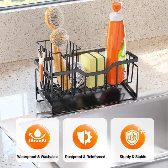 Alt view image 3 of 7 - Kitchen Sink Caddy Organizer, Rustproof Sponge Holder for Kitchen Sink, Instant Dry High Brush Holders with Drain Tray, Anti-Slip Storage Organization Essentials, Black