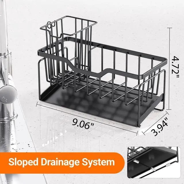 Alt view image 5 of 7 - Kitchen Sink Caddy Organizer, Rustproof Sponge Holder for Kitchen Sink, Instant Dry High Brush Holders with Drain Tray, Anti-Slip Storage Organization Essentials, Black