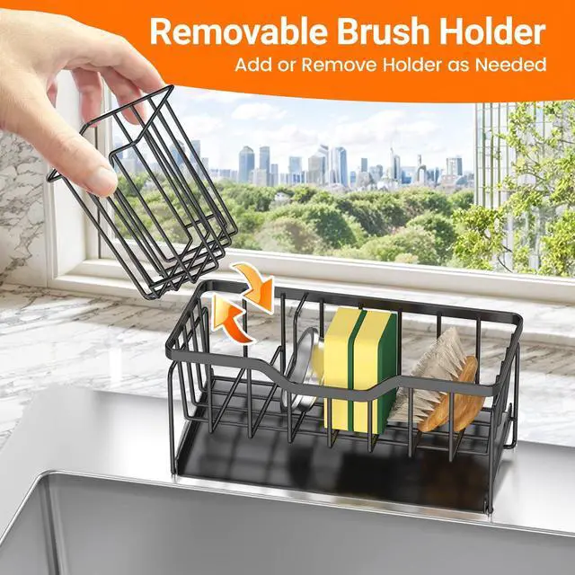 Alt view image 6 of 7 - Kitchen Sink Caddy Organizer, Rustproof Sponge Holder for Kitchen Sink, Instant Dry High Brush Holders with Drain Tray, Anti-Slip Storage Organization Essentials, Black
