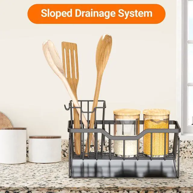 Alt view image 7 of 7 - Kitchen Sink Caddy Organizer, Rustproof Sponge Holder for Kitchen Sink, Instant Dry High Brush Holders with Drain Tray, Anti-Slip Storage Organization Essentials, Black
