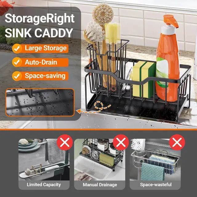 Alt view image 4 of 7 - Kitchen Sink Caddy Organizer, Rustproof Sponge Holder for Kitchen Sink, Instant Dry High Brush Holders with Drain Tray, Anti-Slip Storage Organization Essentials, Black