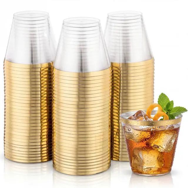 Main image of 200Pcs 9OZ Clear Cups - Plastic Disposable Cups with Gold Trim, Heavy Duty & BPA-free for Party, Wedding, Reception