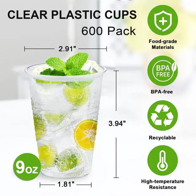 Alt view image 5 of 7 - 600 Pack 9 oz Plastic Cups, Clear Disposable Cups, Hot/Cold Party Drinking Cups, PP Clear Plastic Cups Bulk for Party, Picnic, BBQ, Wedding, Travel