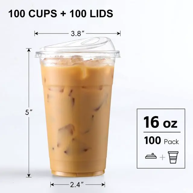 Alt view image 2 of 7 - 100 Pack 16 oz Plastic Cups With Strawless Sip-Lids, Iced Coffee Cups With Lids BPA Free, Disposable Clear Cups, To Go Cups for Smoothies, Party Drinks, Bubble Tea, Cold Beverage