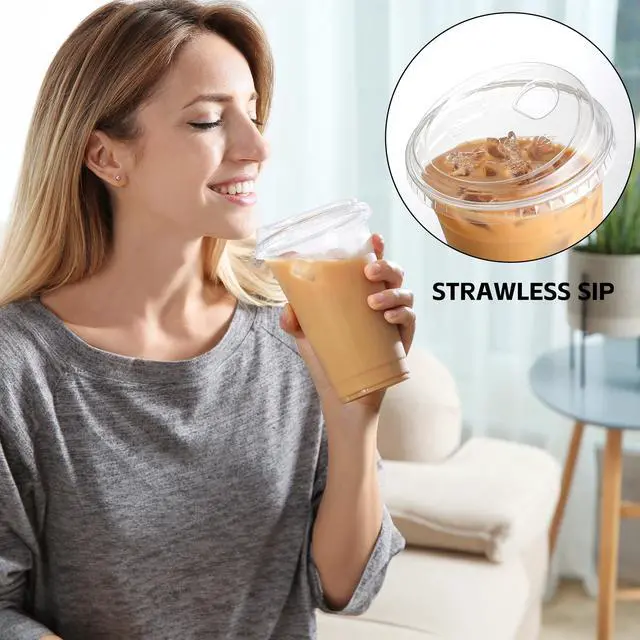 Alt view image 6 of 7 - 100 Pack 16 oz Plastic Cups With Strawless Sip-Lids, Iced Coffee Cups With Lids BPA Free, Disposable Clear Cups, To Go Cups for Smoothies, Party Drinks, Bubble Tea, Cold Beverage