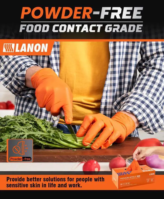 Alt view image 4 of 5 - 8mil Orange Disposable Nitrile Gloves, Mechanic, Heavy Duty, Food Safe, Latex Free, Powder Free, Fully-Diamond Textured, Medium