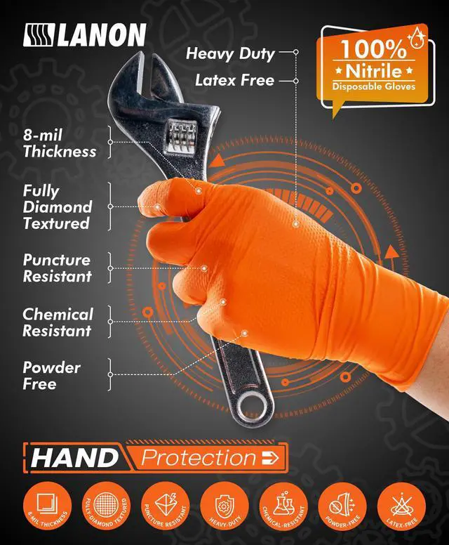 Alt view image 2 of 5 - 8mil Orange Disposable Nitrile Gloves, Mechanic, Heavy Duty, Food Safe, Latex Free, Powder Free, Fully-Diamond Textured, Medium