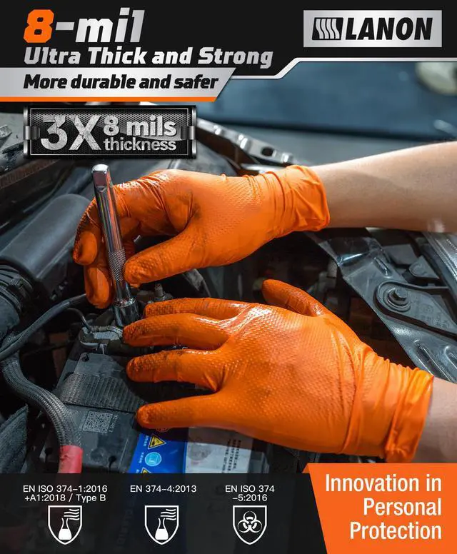 Alt view image 3 of 5 - 8mil Orange Disposable Nitrile Gloves, Mechanic, Heavy Duty, Food Safe, Latex Free, Powder Free, Fully-Diamond Textured, Medium
