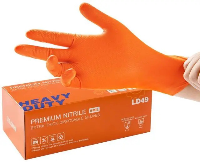 Main image of 8mil Orange Disposable Nitrile Gloves, Mechanic, Heavy Duty, Food Safe, Latex Free, Powder Free, Fully-Diamond Textured, Medium