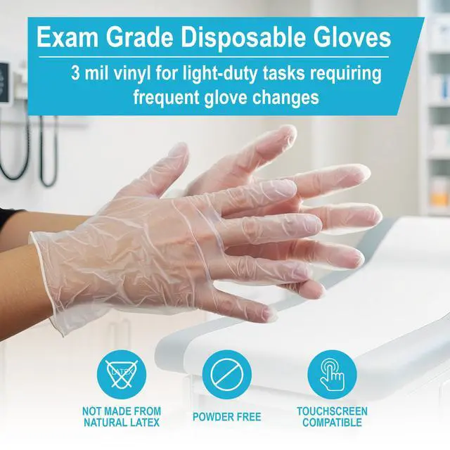 Alt view image 4 of 6 - Clear Vinyl Disposable Exam/Medical Gloves, 3 Mil, Latex/Powder-Free, Food-Safe, Smooth, Non-Sterile, Medium Box of 100