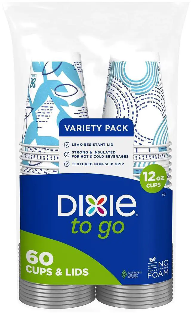 Main image of To Go Disposable Paper Cups with Leak-Resistant Lid, 12 oz, 60 Count