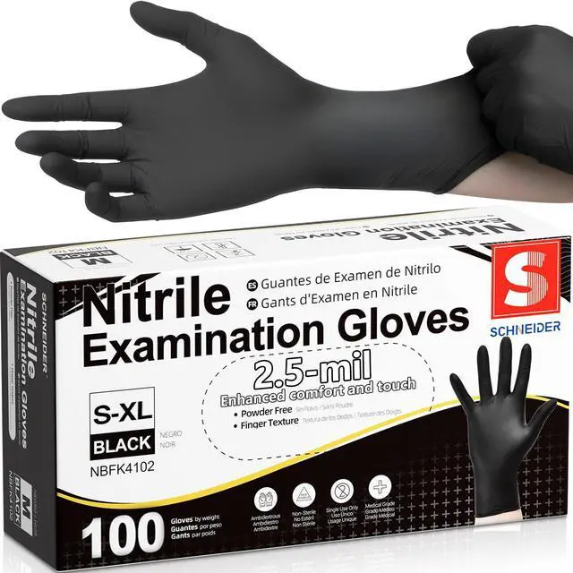 Main image of Black Nitrile Exam Gloves, Box of 100, Latex Free & Powder Free Disposable Gloves, for Medical, Food Prep & Cleaning, Medium