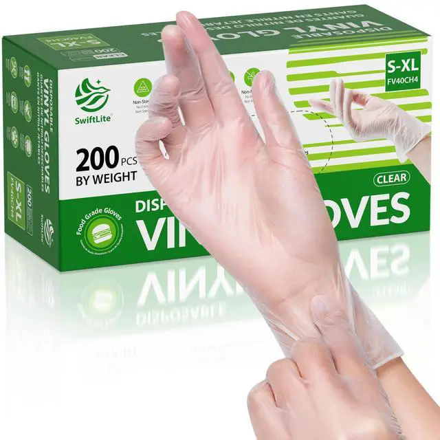 Main image of Disposable Vinyl Gloves, Food Safe, Latex-Free Powder-Free Clear Plastic Gloves for Cooking, House Clean, Food Prep (200, Medium)